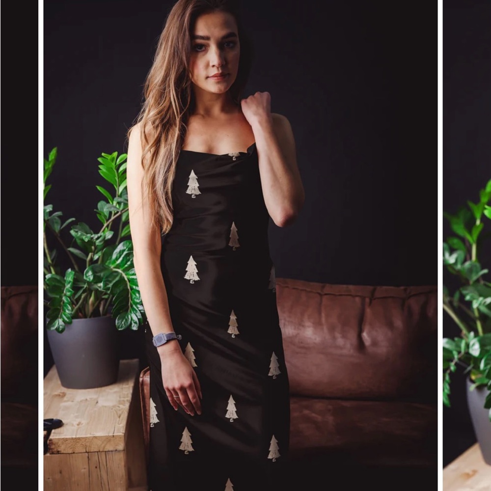 Black Silk Slip Maxi Dress with Pine Tree Pattern